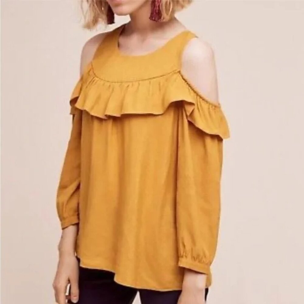 Maeve by Anthropologie Mustard‎ Yellow Cold Shoulder  Blouse in Size 10